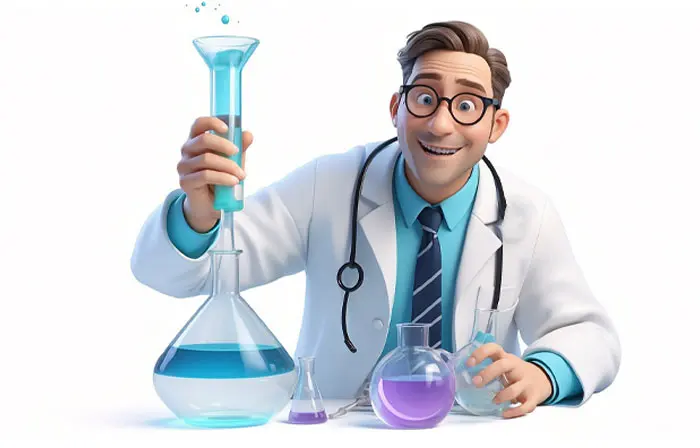 Cartoon Illustration of a 3D Character Chemist Mixing Chemicals in a Laboratory